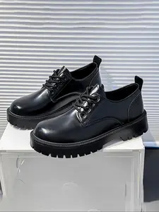 Men's Solid Color Pu Leather Shoes, Lace Up Shoes, Fashionable Round Toe Flat Shoes for Work Office, Casual Comfortable Shoes for Daily Wear