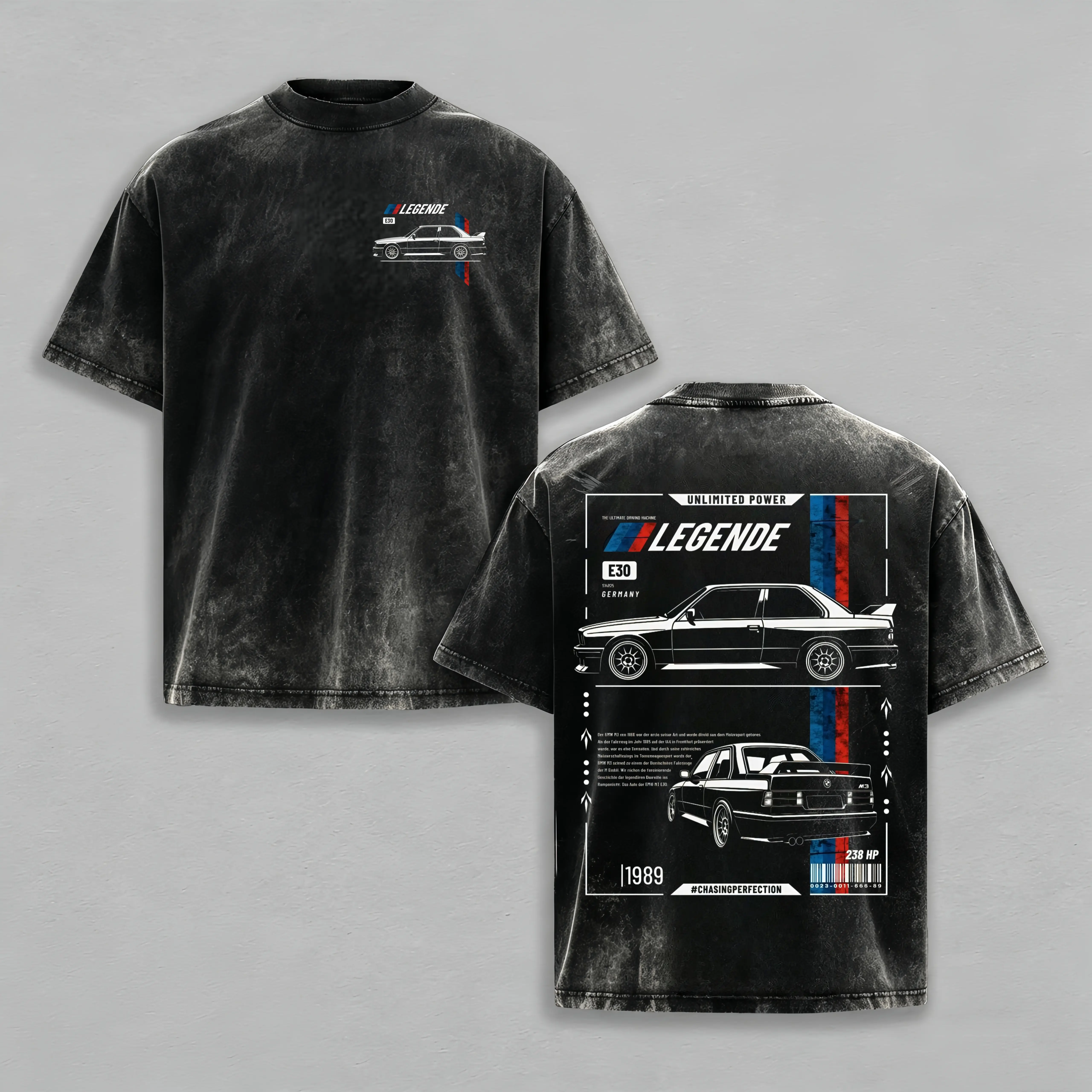 Menswear Vintage Washed Round Neck Short-Sleeve E30 M3 Legend T-Shirt, Double-Sided 1989 Classic German Car Graphic Oversized Cotton Top, Retro Automotive Streetwear Gift For BMW Enthusiasts