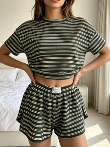 2-Piece Set Striped Round Neck Short Sleeve Top and Elastic Waist Shorts, Casual Home Wear, All-Season Fashion