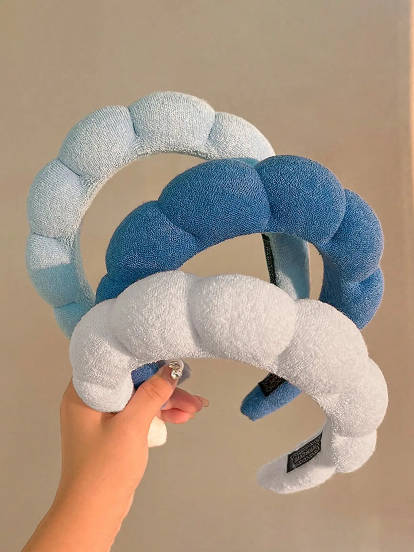 3-Pack Women's Thick Fuzzy Headbands – Light Blue, White & Navy, Solid Color Hair Hoops for Makeup, Skincare & Daily Wear, Hair Accessories Set, Soft Headband