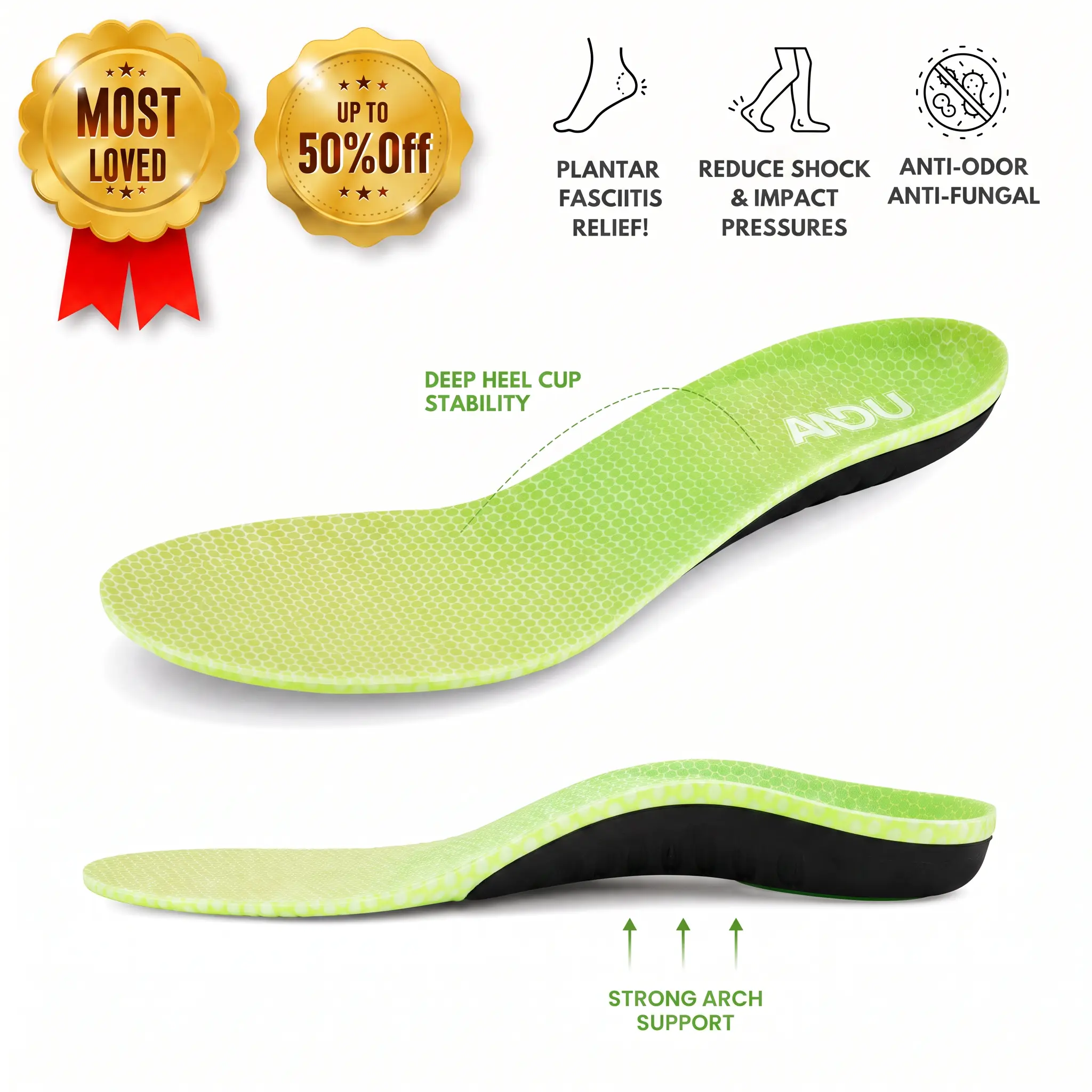 ANDU Heavy Duty Orthotic Insoles with High Arch Support for Plantar Fasciitis, Casual Pressure Relief Supportive Soles for 220+ lbs, All-Day Standing Comfort, Pressure Relief Insole