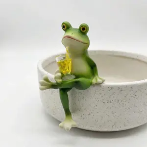 Cute Resin Frog Figurine Sitting with Drink for Home Decor – Funny Desk & Shelf Decoration, Relaxing Frog Statue for Office, Apartment Aesthetic, Cozy Room Styling, Unique Gift Idea for Frog Lovers