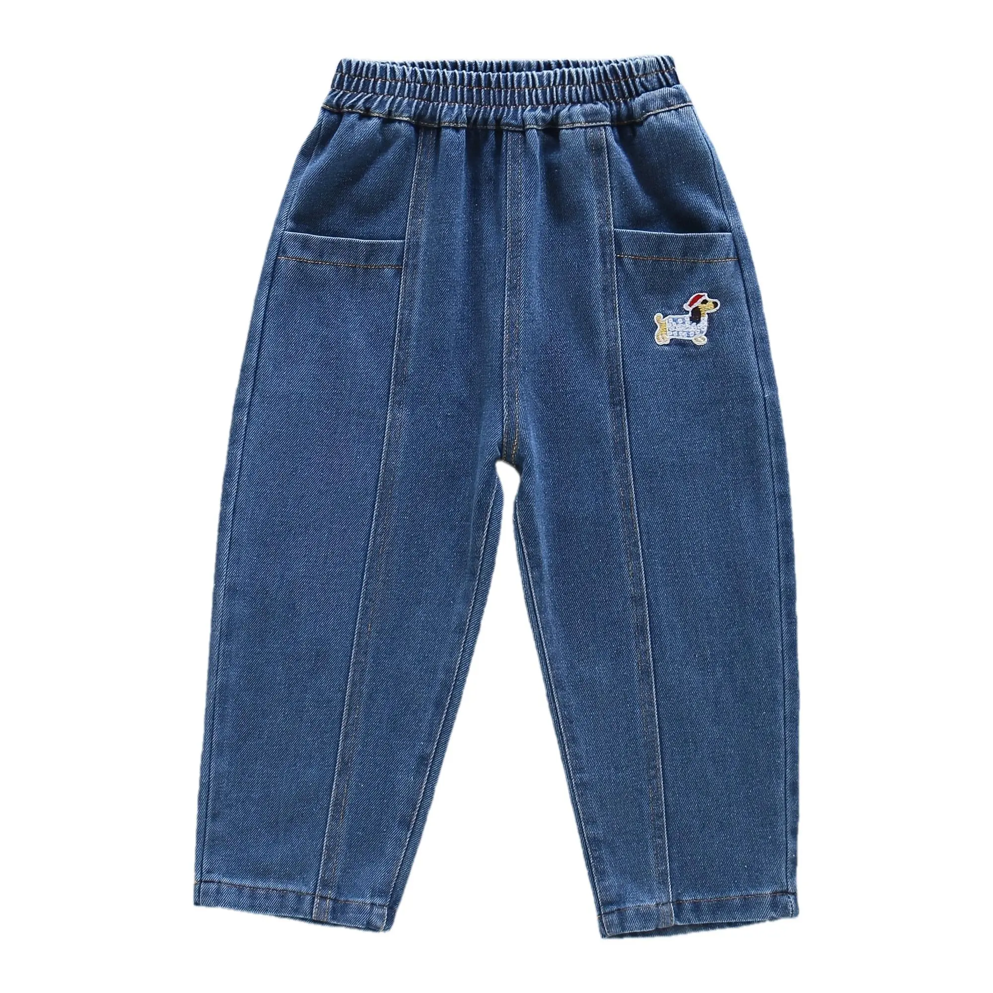 New Unisex Children's Jeans for Spring/Autumn, Suitable for Both Boys and Girls. Boy's Long Pants Made of Sand-Washed Soft Denim Fabric with Cartoon Dog Embroidery Pattern