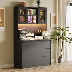 Modern Kitchen Pantry Cabinet with Storage, Led Lights, Charging Station and Microwave Stand, Tall Buffet Cabinet with Countertop