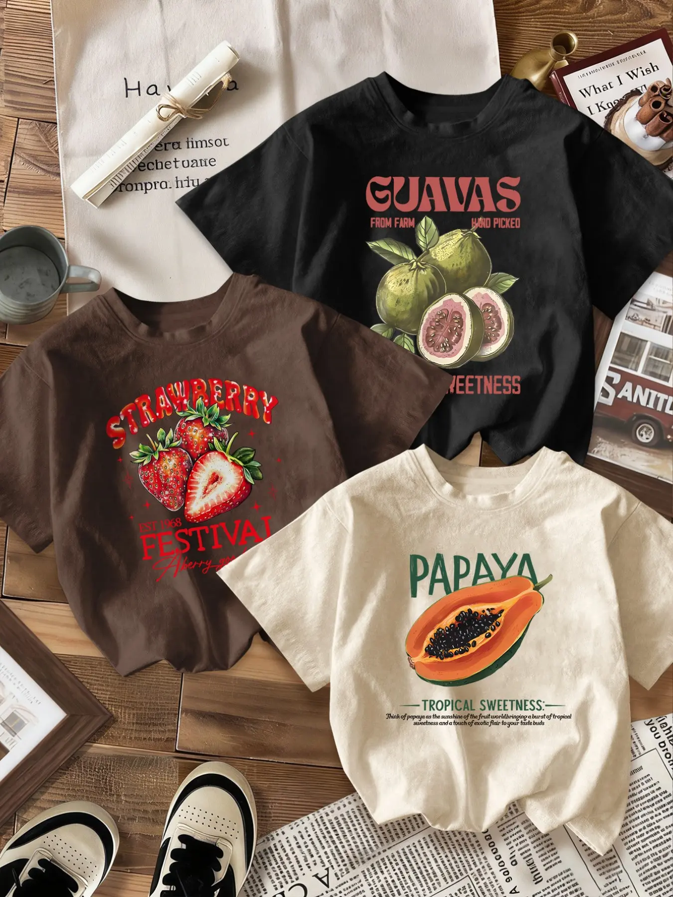 Breathable Casual Classic T-Shirt, Loose Fit Round Neck Design, Casual Printed Papaya & Strawberry & Papaya Tropical Print, Fashion Comfort, Daily Wear, Streetwear, Casual Graphic Tee, Top, Three Pack