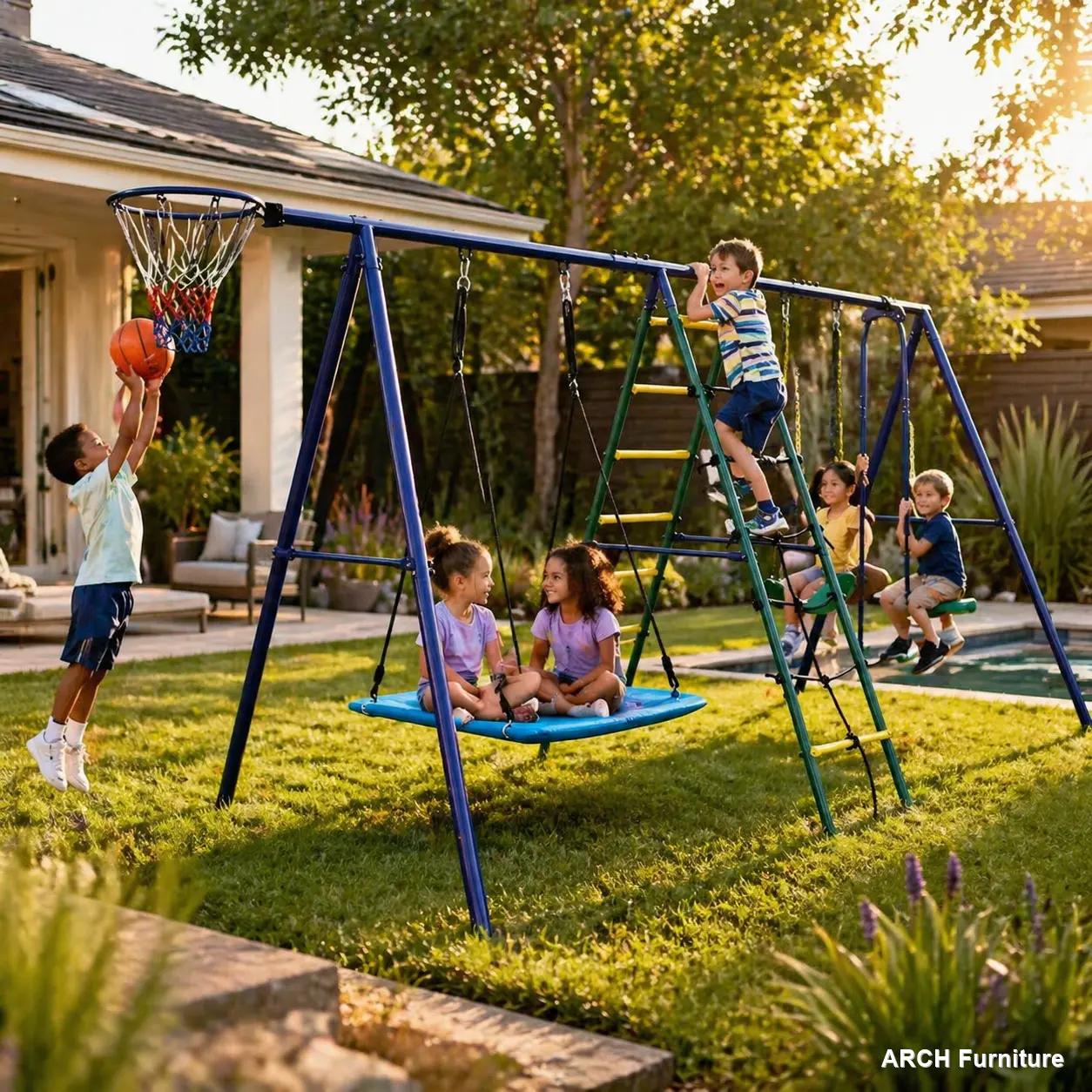 Durable 6-in-1 Kids Metal Playground Equipment Backyard Outdoor Furniture Set - Stable, Easy Install, Carabiner Mount, with Climbing Ladder, Climbing Net, Glider, Hammock, Belt Swing, Basketball Hoop for Sport Activities (157x71x79in, 97lbs)