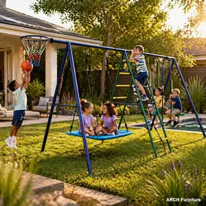 6-in-1 Outdoor Kids Playground Equipment Backyard Set - Playground Equipment with Climbing Ladder, Climbing Net, Glider, Hammock, Belt Swing, Basketball Hoop, Outdoor Kids Stuff Sport Durable