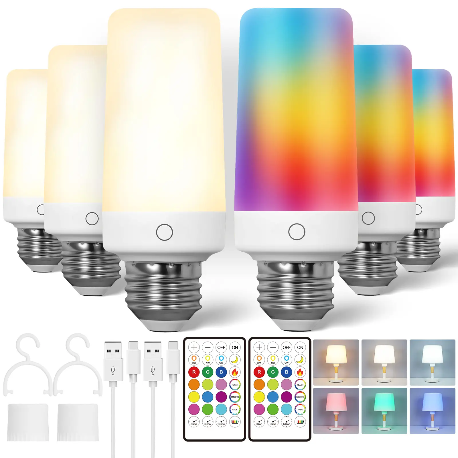 DEBAOBULB RGB Black Fire LED Color Changing Dimmable Emergency Light Bulb with Remote Control, E26 Base, 9W, 120V, 1800mAh Battery, Adjustable RGB Lighting (12 Colors, 5 Modes, Multiple Brightness), Safety Tool for Power Outages, Parties, Rgb Multicolored