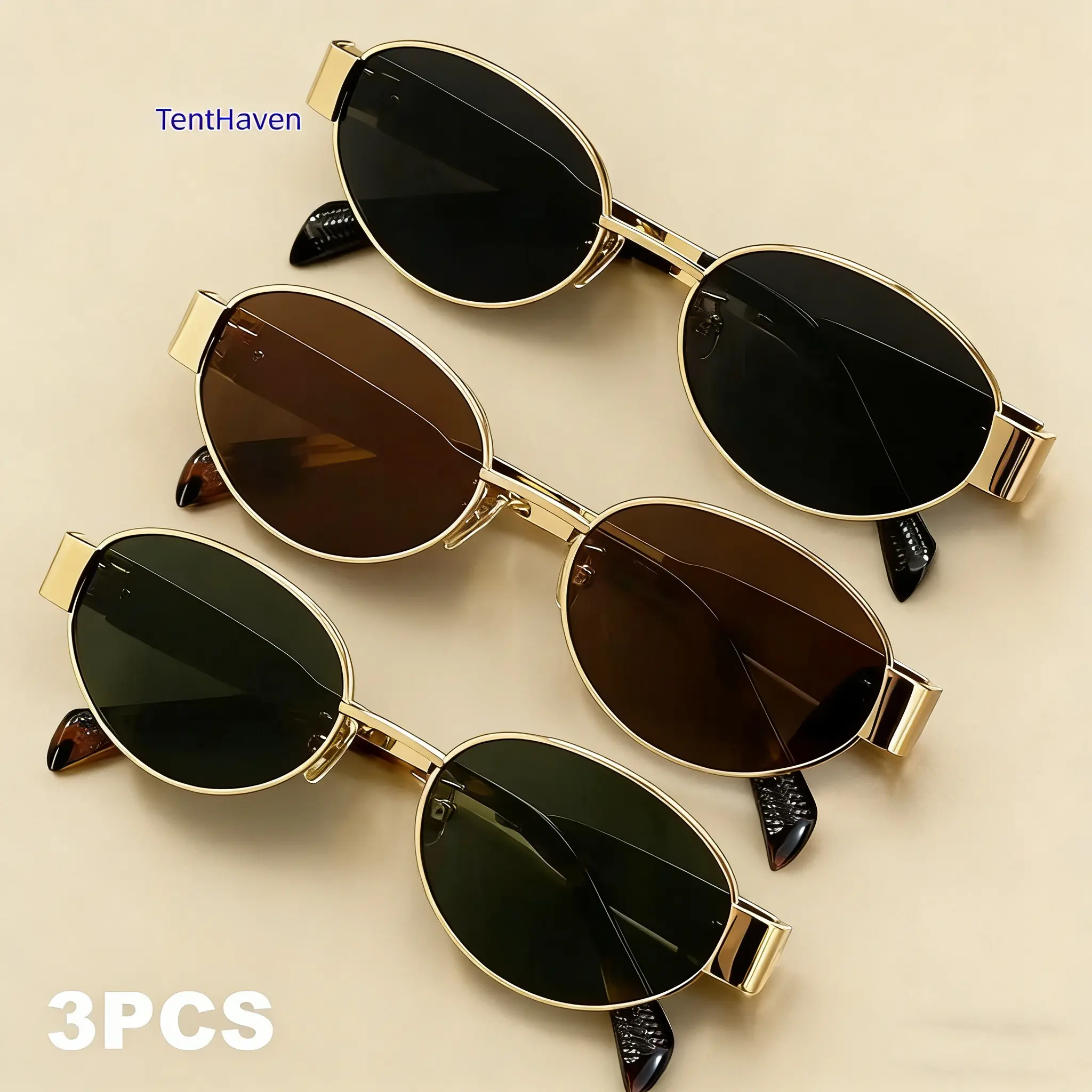 Women's 3-Pack Versatile Sunglasses, Modern Oval Gold Metal Frames, Tinted Lenses, Durable Casual Accessories for Beach & Daily Outdoor Activities, Casual Stylish, Modern Sunglasses Set, Trendy Frames Sunglasses