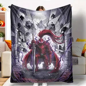 Dark Fantasy Warrior Flannel Blanket Epic Red Armored Knight Pattern UltraSoft Microfiber Lightweight Warmth Perfect for Cozy Bedding Gaming Room Decor Outdoor Camping Nights Home Sofa Lounging and Unique Birthday Gifting for Anime Lovers