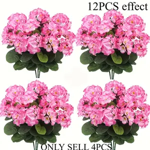 4pcs = 120 Flowers UV-Resistant Geranium - Bright Pink Artificial Flowers with Green Leaves, Artificial Flower Arrangements, Faux Flower Decoration, Indoor and Outdoor, Porch Decor, Garden, Patio, Home Center Decorations, Wedding and Engagement Occasions