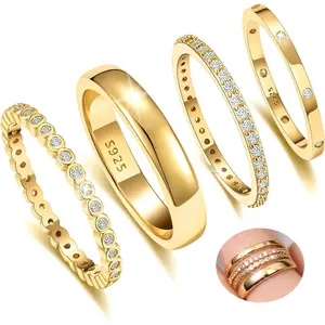 Dainty Stackable Gold Rings - 14K Gold Plated, Non Tarnish Cubic Zirconia Stacking & Thumb Knuckle Rings (4pcs Size 7-11)