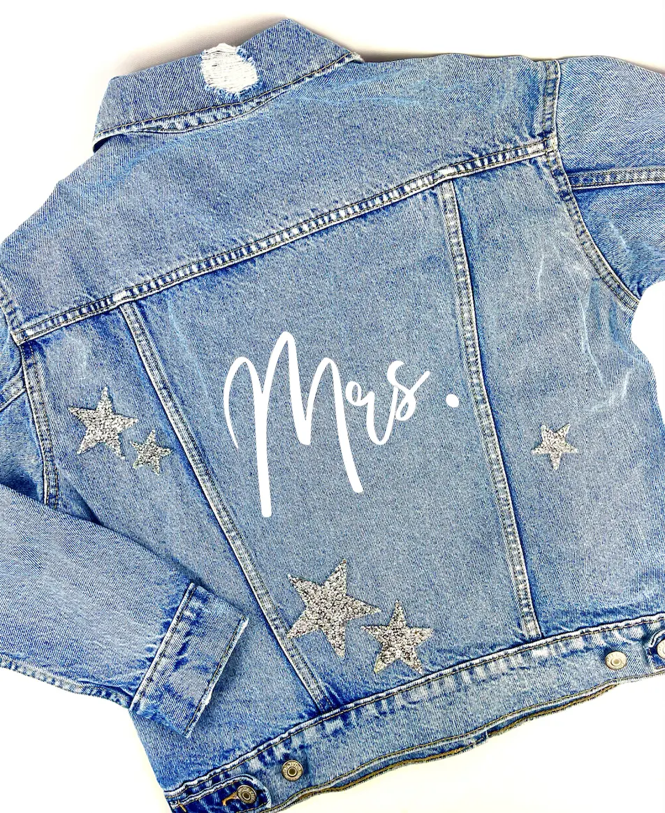 Personalized Custom Jean Denim Jacket Bride Mrs. Bridesmaid Wifey Nashville Miami Vegas Summer Winter Wedding Engaged Engagement Gift Bachelorette diamond rhinestone womens girl country silver gold pink glitter red purple rainbow