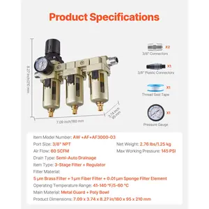 VEVOR Air Compressor Filter Regulator, 3/8 NPT 3-Stage Air Compressor Water Separator with 5m/1m/0.01m Micron Filter Elements, Semi Auto Drain Air-Drying System 145PSI Max Pressure, Poly Bowl