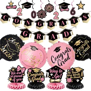 PartyWoo 2026 Graduation Decorations Kit, 19-Piece Black Gold Pink Set with Congrats Banner, Hanging Swirls, Foil Balloons, Grad Cap Centerpieces (Ideal Graduation Gift), Graduation Decorations 2026