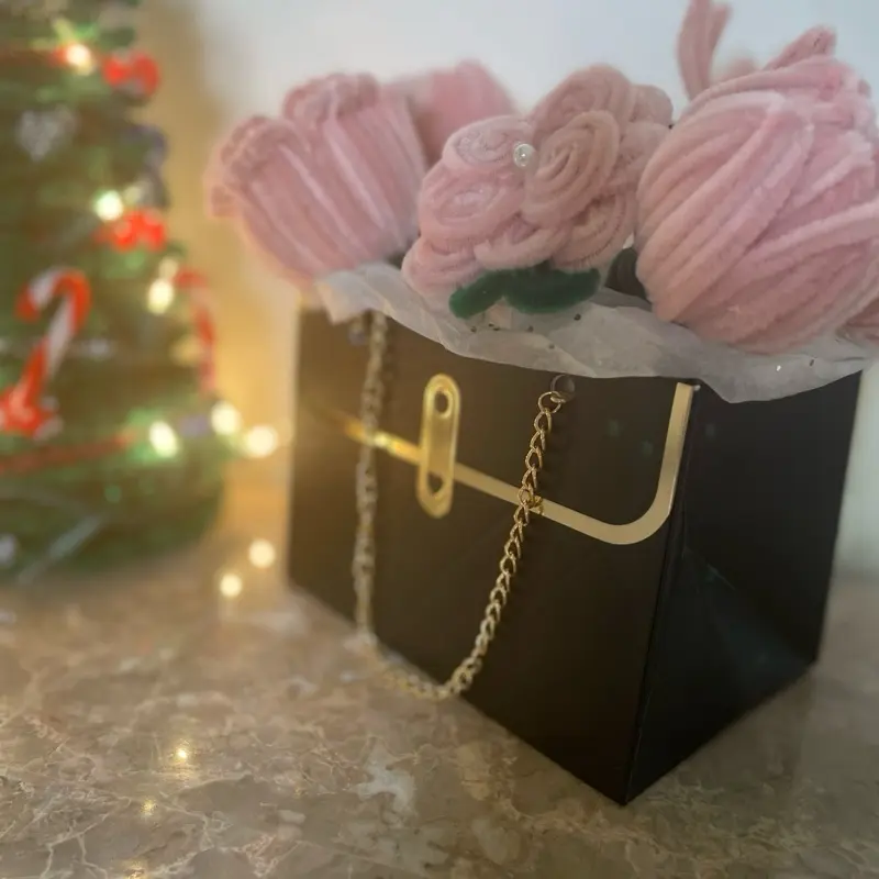 Forever Flower Gift Bag Bouquet - Pink Velvet Roses in Elegant Bag with Gold Chain Handle