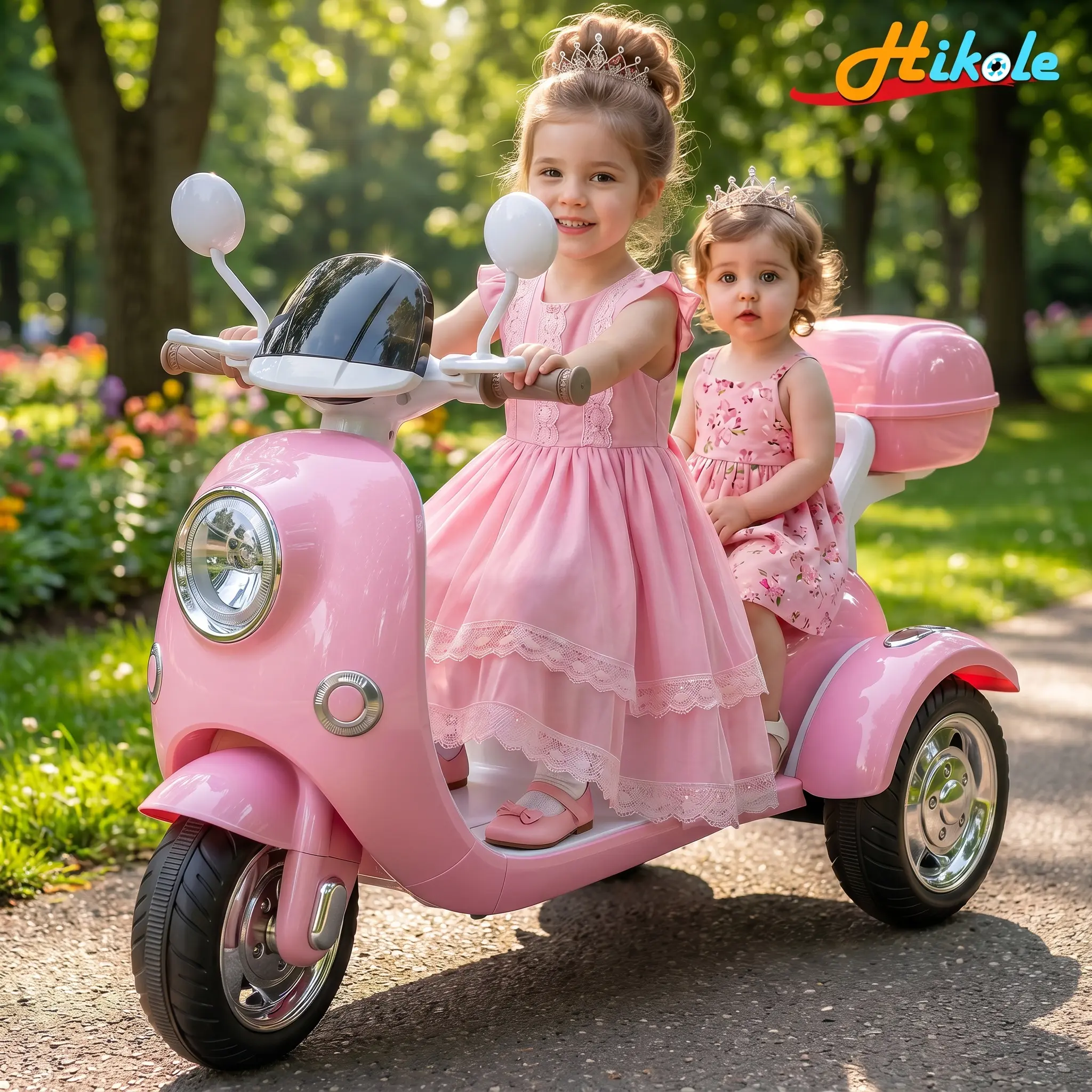 Hikole 12V Kids Electric Trike - 3-Wheel 2-Seater Toddler Motorcycle with Music, LED Lights, Storage Box, Portable Hook, for Ages 3-8, SummerVibes Ride-On Toy,tiktokshopbacktoschool,glowup,sohoChic, Kid Tricycle, Batteries