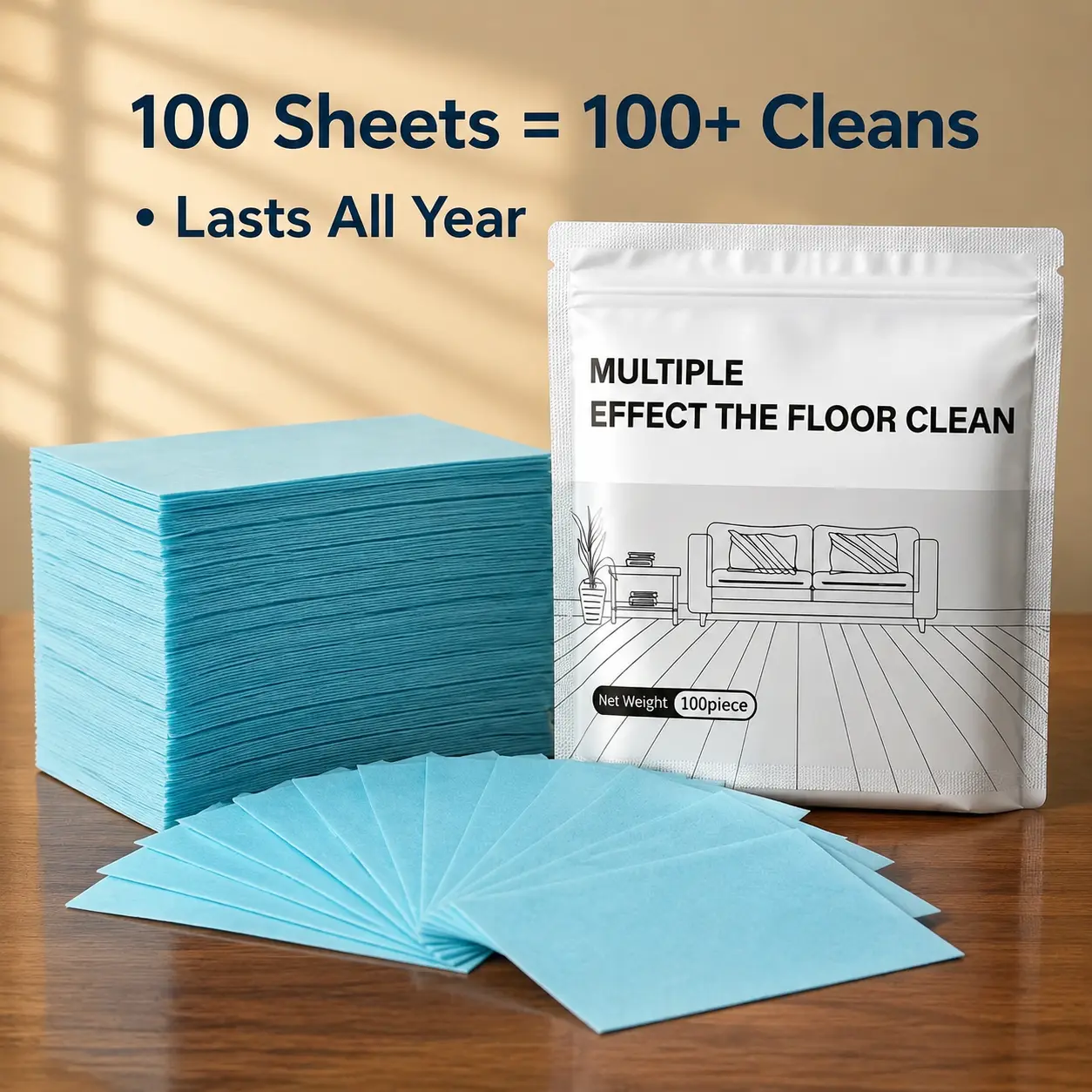 Household All-Purpose Floor Cleaning Sheets, 100-Count Year-Long Supply, Ultra-Thin Compact No-Spill Clean Tablets for Hardwood, Ceramic Tile Floors, Cuts Stubborn Grime, Leaves Long-Lasting Fresh Fragrance