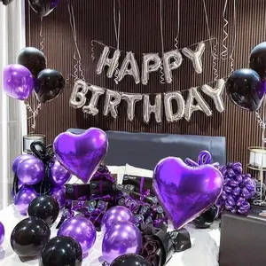 61pcsSet 16-Inch Silver Happy Birthday Foil Balloon Set with Black, Purple Latex & Heart Balloons for English Letters Decoration foil balloon party decoration birthday decoration