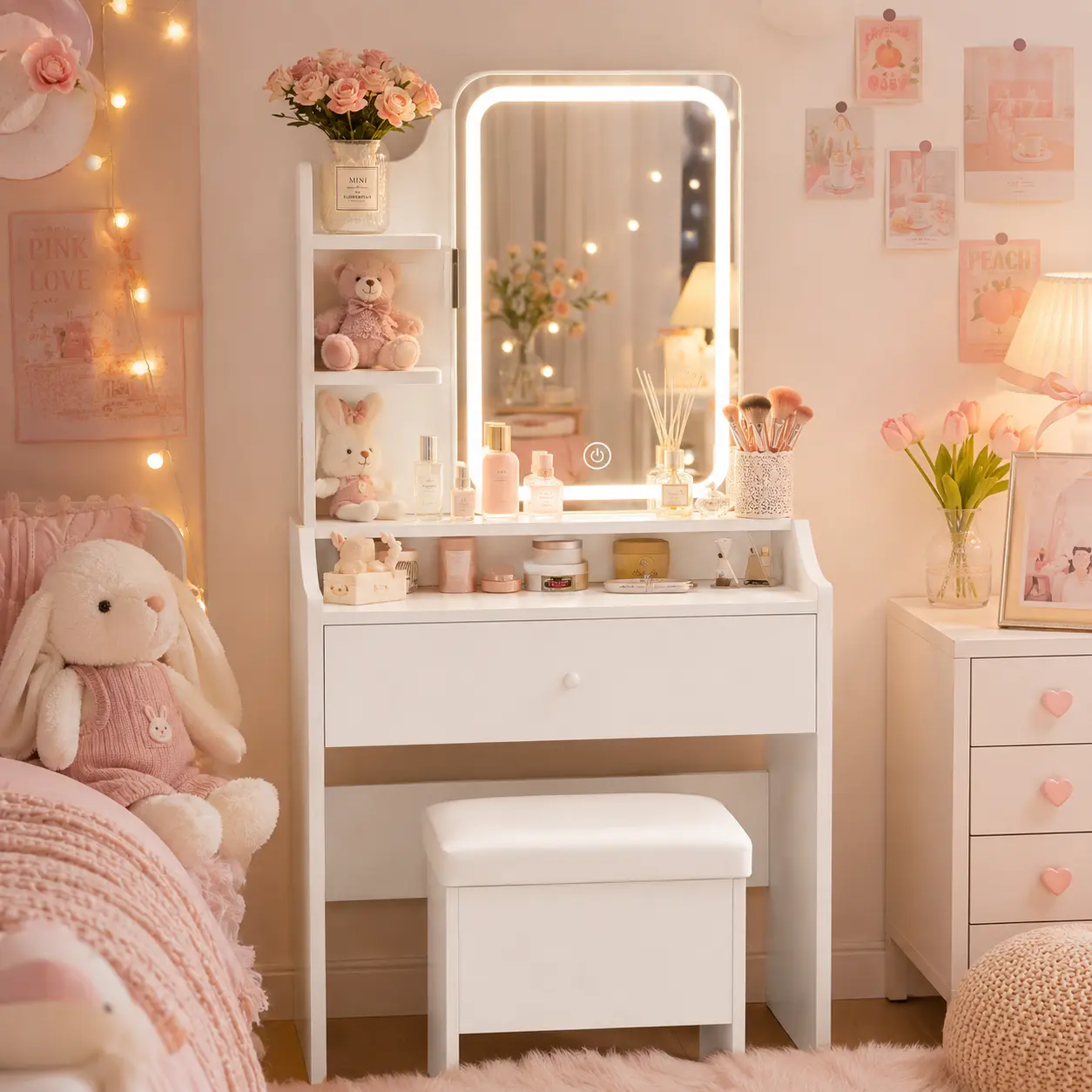 White Bedroom Makeup Vanity Set - Exquisite Small Table with Mirror, Lights, 3-Tier Shelves, Storage Drawers and Matching Chair Lighted LED liki mio furniture,dorm essentials,home decor