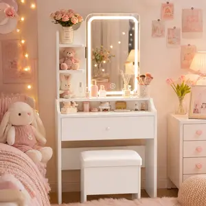 White Bedroom Makeup Vanity Set - Exquisite Small Table with Mirror, Lights, 3-Tier Shelves, Storage Drawers and Matching Chair Lighted LED liki mio furniture