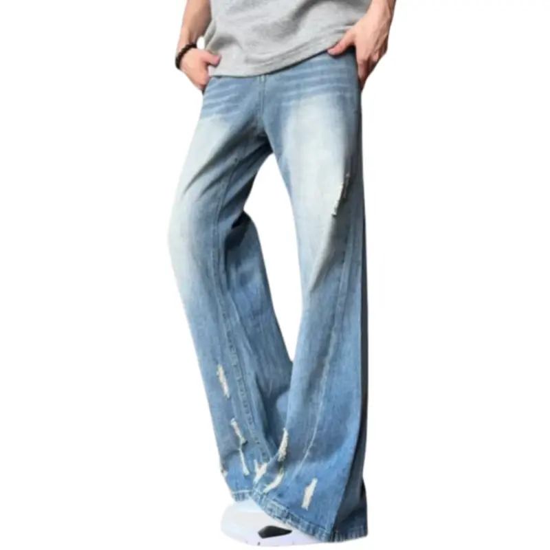Men's Retro Flared Denim Jeans, Mid Waist Washed Distressed Pants for Casual Street Style Everyday Wear, Menswear, Button, Flared Pants, Pure Cotton, Mid-Rise Men's Pants