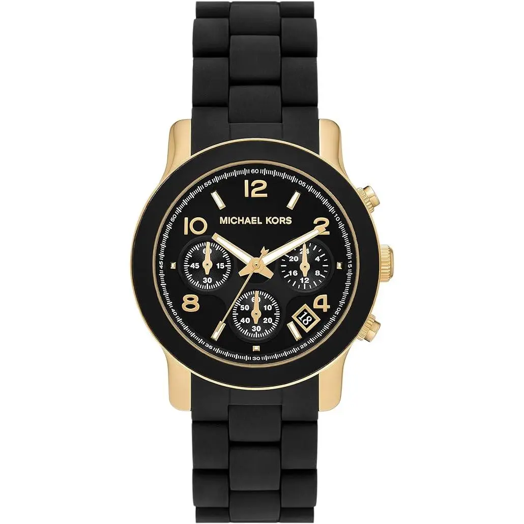 Michael Kors Runway Chronograph Black Silicone Ladies Watch MK7385, Gifts For Women, Women Gifts, Round Dial, Black & Gold Edition Wrist Watches, Runway Look, Casual Wrist Watches, Chic Wrist Watches
