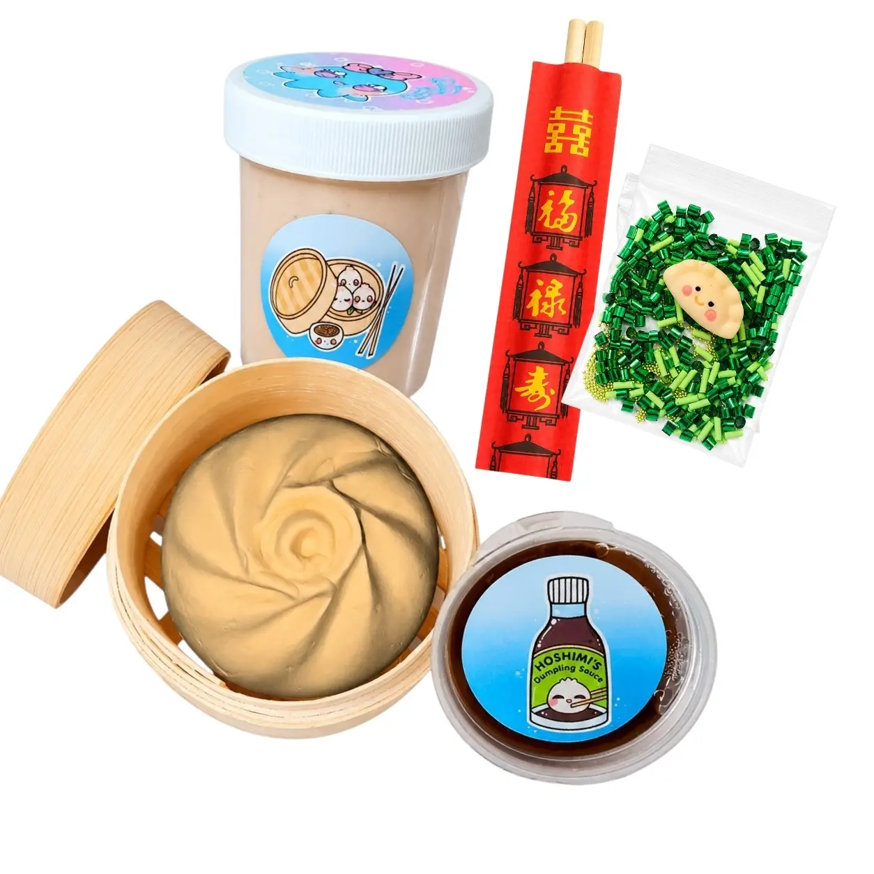 Dim Sum Slime Kit – DIY Glossy Dumpling Slime with Sauce Slime, Chopsticks & Toppings