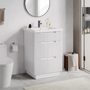 【SummerGarden】ONBRILL 24" Modern Fluted Freestanding Bathroom Vanity with Sink Combo, 3-Drawer Bath Cabinet with Integrated Ceramic Sink, Apartment Decor Furniture for Small Spaces, Studio Apartment Furniture
