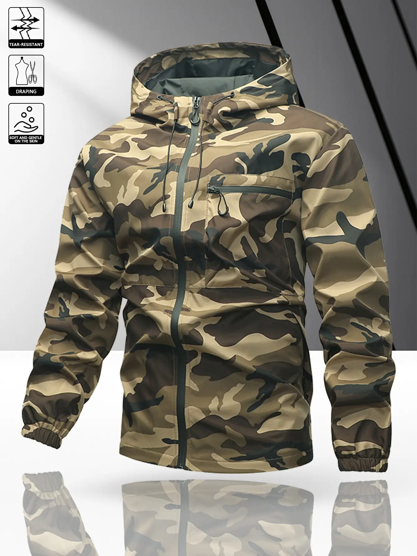 Men’s outdoor camouflage print hooded windproof softshell jacket. Fabric is wear-resistant, skin-friendly, and drapes well. Windproof and water-repellent, lightweight and breathable. Full-zip jacket featuring dual drawstrings for an adjustable sealed hood