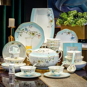 Jingdezhen Bone China Tableware Set with Cutlery - Custom Gold-Painted Bowls and Plates, High-Value Ceramic Combination for Home Housewarming Use