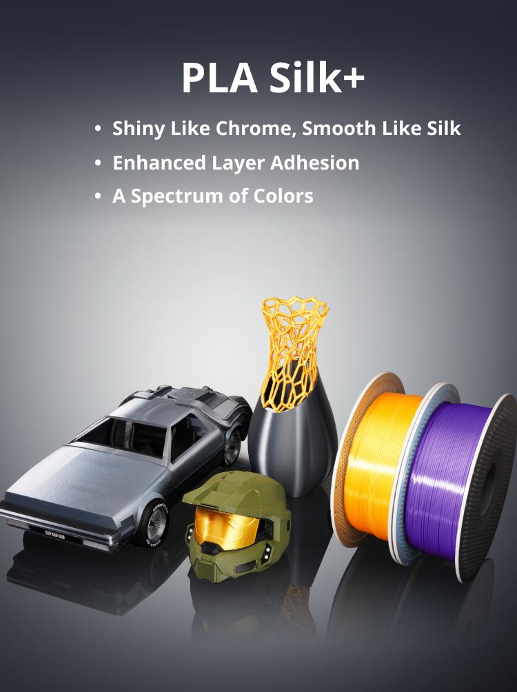 Bambu PLA Silk+, 3D Printing Filaments and Materials, New Filament Arrival! Shiny Like Chrome, Smooth Like Silk, Enhanced Layer Adhesion, A Spectrum of Colors, Effortless Printing, Flawless Results.