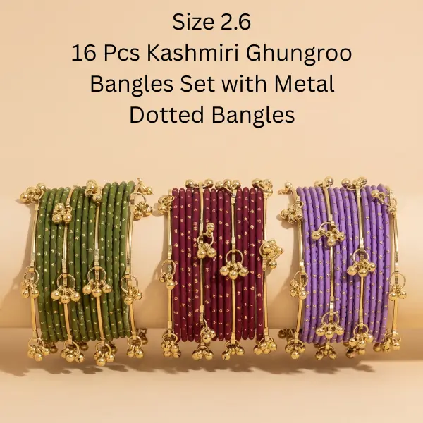 SIZE 2.6 - 16 Pcs Kashmiri Ghungroo Bangles Set with Metal Dotted Bangles