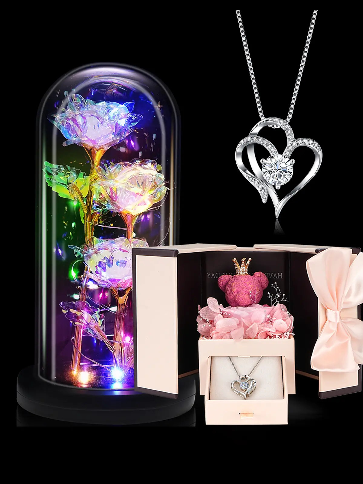 2 Piece Gifts Set for Women,  Light Up Rose in Glass-Preserved Rose with Heart Necklace,Gifts for Mom Wife Women Sister Grandma Girlfriend Her, Mothers Gifts Day from Daughter Son Birthday Christmas Valentines Day rose box