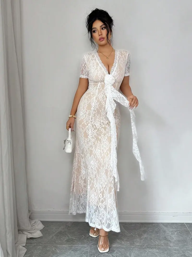 white dress v lace detail - TikTok Shop white dress v lace detail - TikTok Shop