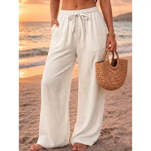 Women's Solid Linen Wide Leg Pants - Elastic Waist, Loose Baggy Fit, Breathable Minimal Style Neutral Pattern Women's Clothes Clothing for Summer Beach Daily Wear stretchy slim