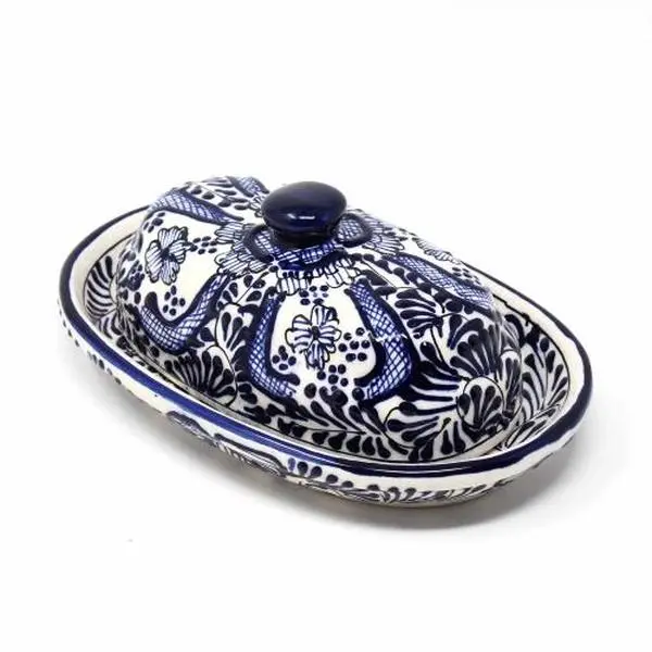 Encantada MC129F Traditional Mexican Handmade Pottery Butter Dish, Blue Flower Design