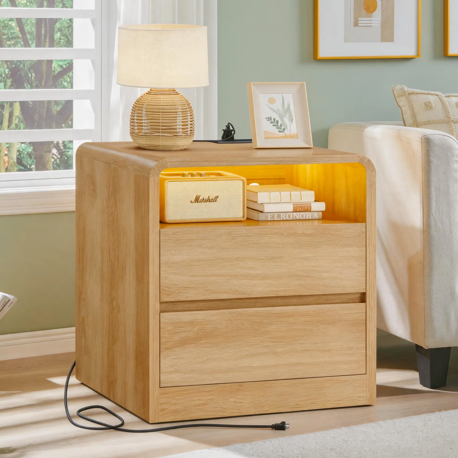 Natural Oak Modern Nightstand with Charging Station, LED Light & 2 Storage Drawers, 23.6in Sleek Multi-Purpose Bedside Table, Curved Profile End Table for Bedroom, Living Room (Summergarden), Multi-Purpose Bedside Tables