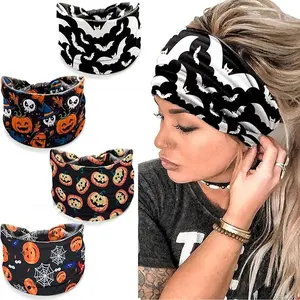 4 Pcs Halloween Headbands for Women, Wide Turban Dress Up Costume Headband, Pumpkin Spider Web Bad Skeleton Hair Band