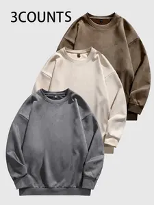 Men's Solid Drop Shoulder Suede Sweatshirt, Casual Regular Fit Long Sleeve Round Neck Pullover for Fall & Winter, Men's Clothes for Daily Wear