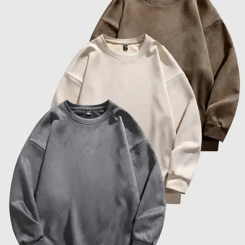 Men's Solid Drop Shoulder Suede Knit Sweatshirt, Casual Regular Fit Long Sleeve Round Neck Pullover for Fall & Winter, Men's Clothes for Daily Wear Knitwear