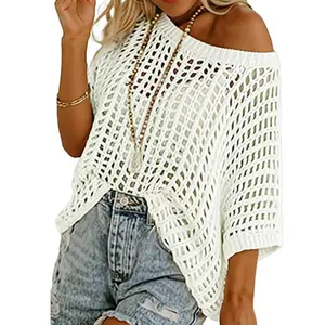 Chvity Women's Minimalist Basic Knitting Pullover - Loose-Fitting, Medium-Length, Scoop Neck, Shortsleeve, Hollow-Out Crochet Knitwear, Summer Casual Top, Beach Coverup
