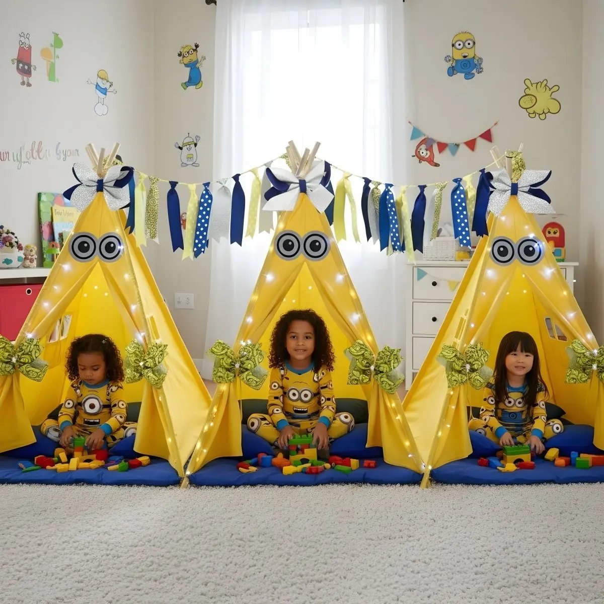 Crazy Bananas Set of 3 Vibrant Polka Dot Teepee Tent Kits with Sleepover Floor Cushions, Cheerful Fairy Lights - Coordinated Theme Festive Party Activity Supplies for Creating Cozy Village, Twinkling Lights