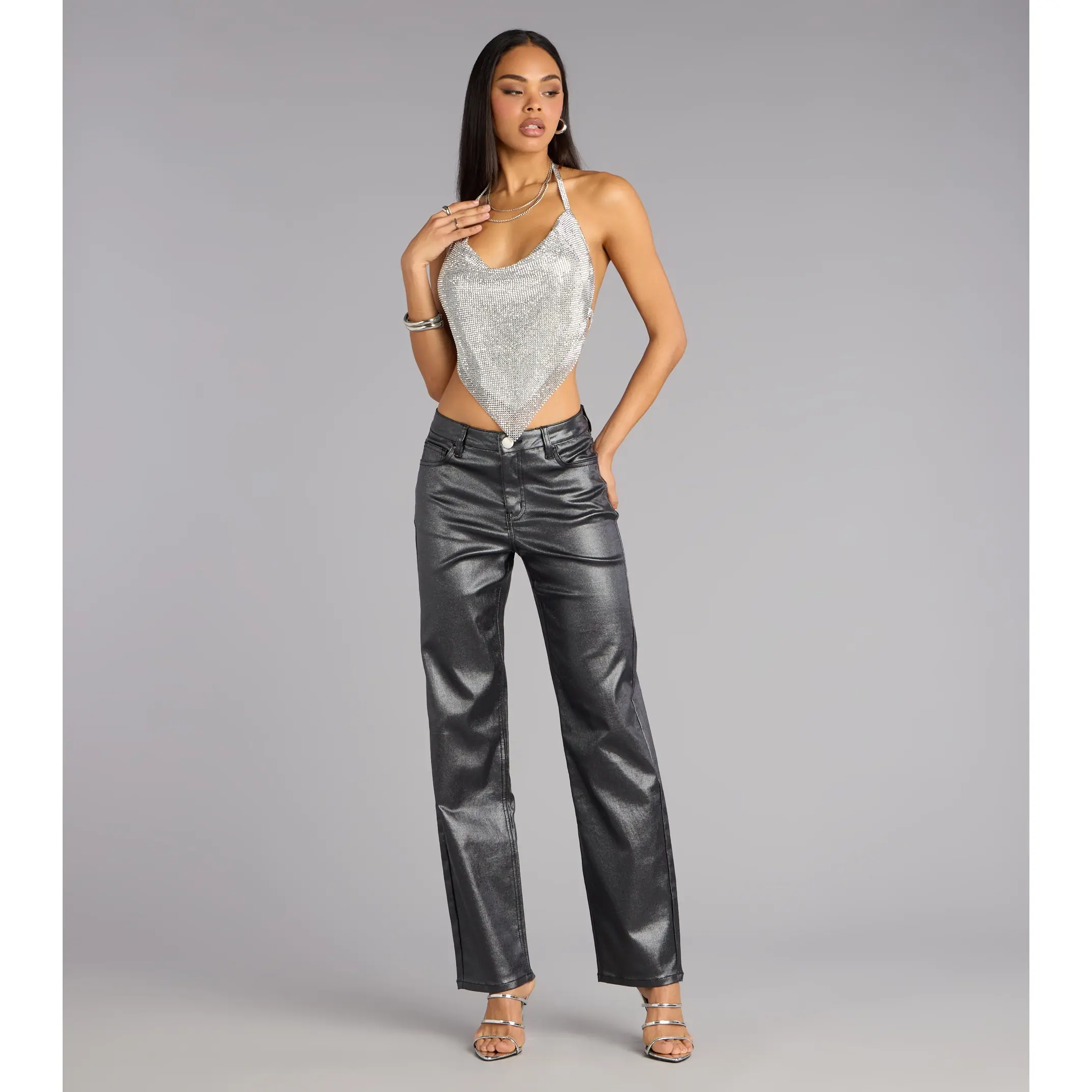On the Glow Coated Glitter Straight-Leg Pants