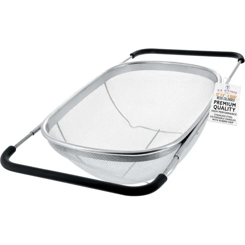 U.S. Kitchen Supply Stainless Steel Colander Strainer - 6-Quart Collapsible Colander with Expandable Rubber Handles - Rectangular Sieve, Fine Mesh Stainless Steel Strainers and Colanders for Kitchen