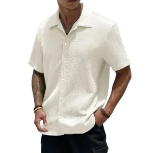 Men's Textured Button Front Shirt, Casual Regular Fit Short Sleeve Collared Top for Summer, Summer Leisure Top 2026, National Day Clothing, Men's Clothes for Daily Wear
