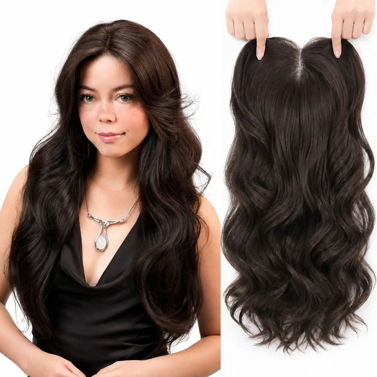 Full Coverage 22 inch Hand Tied Hair Topper Cap-Free Wig No Glue or Wig Cap Needed Natural Hairline Blends Seamlessly with Your Hair Instant Volume&Length No Excess Lace, No Glue, No Hassle More Coverage Than a Topper, Easier Than a Wig, Bouncy Waves, Cli