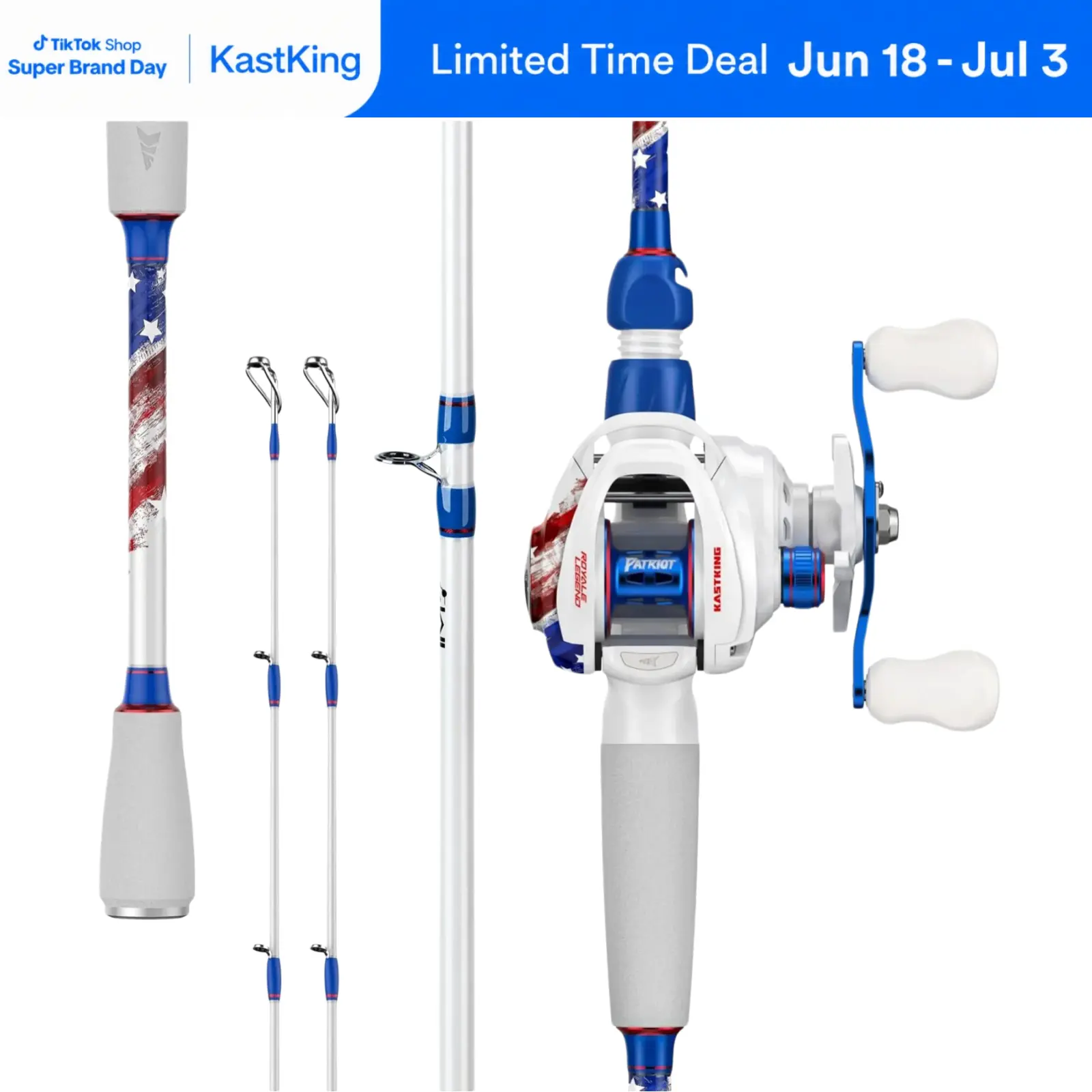 KastKing Patriot Fishing Combo - Special Edition Red White Blue Baitcaster Rod and Reel Combo | 9+1 Bearings Smooth Waterdrop Reel with Dual-Tip Rod KastKing Patriot Fishing Combo - Special Edition Red White Blue Baitcaster Rod and Reel Combo | 9+1 Bearings Smooth Waterdrop Reel with Dual-Tip Rod