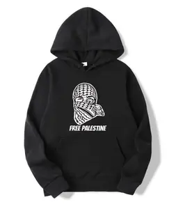Free Palestine Keffiyeh Black Warm Hoodie Palestinian Hooded Sweatshirt Pullover Handmade Fleece Knit Double-Lined Double-Needle Stitching
