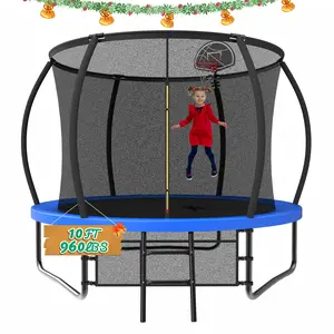 [Christmas Gift]Mersco 10ft Blue Round Outdoor Trampoline for Kids with Safety Net, Pumpkin Design, Basketball Hoop, Storage Bag, 960lbs Loading, Birthday Gifts, Family Fun